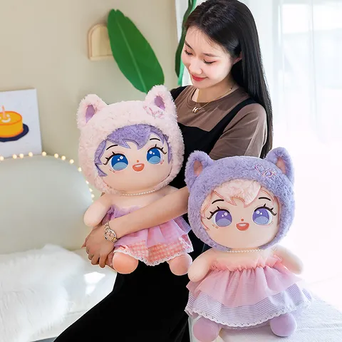 Linda Muñeca de Algodón de Peluche Con Capucha de Orejas de Gato Vestido de Encaje Collar de Perlas Artificiales Peluche Suave Regalo