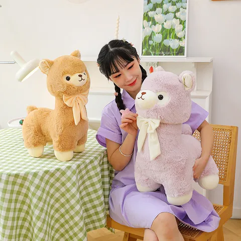 Cute Cream Alpaca Plush Toy Soft Stuffed Animal Doll With Bowknot Home Decoration Accents Accompaniment Gift For Kids Adults