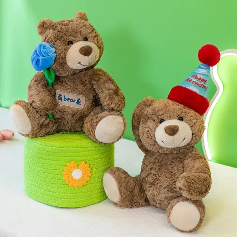 Cute Brown Teddy Bear Plush Toy With Birthday Hat And Embroidered Patch Soft Stuffed Animal Bear Doll For Girls Birthday Gift