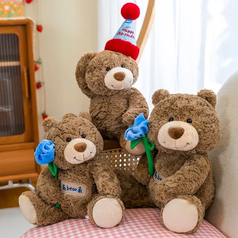 Cute Brown Teddy Bear Plush Toy With Birthday Hat And Embroidered Patch Soft Stuffed Animal Bear Doll For Girls Birthday Gift