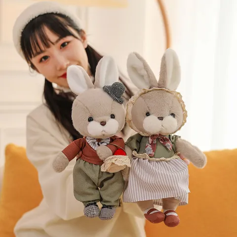 Pastoral Style Couple Plush Rabbit Bear Dolls With Retro Outfits Cute Stuffed Animal Toys Valentine Day Birthday Gift