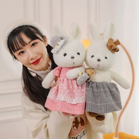 Pastoral Style Couple Plush Rabbit Bear Dolls With Retro Outfits Cute Stuffed Animal Toys Valentine Day Birthday Gift