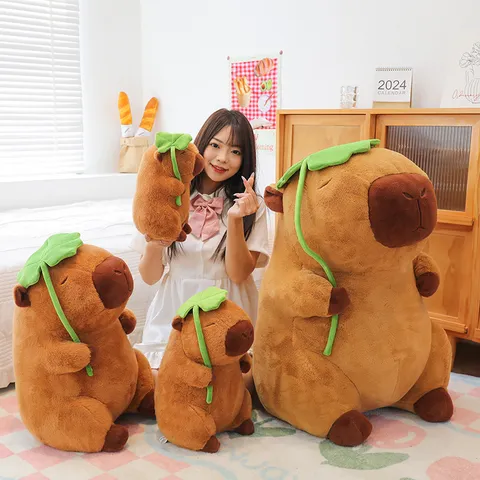 Cute Capybara Plush Toy Stuffed Animal With Lotus Leaf Soft Cotton Pillow Adorable Cartoon Animal Cushion Gift