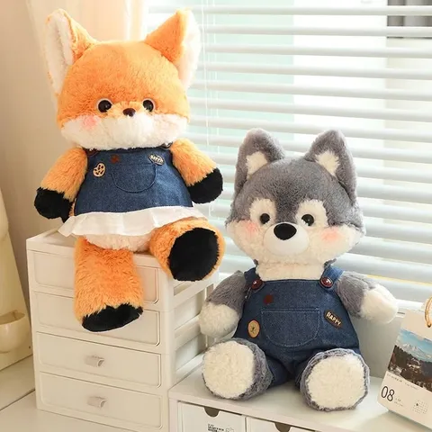 Forest Fox Wolf Plush Toy Soft Stuffed Animal With Denim Dress Overalls For Kids Soothing Home Decor Cute Healing Doll