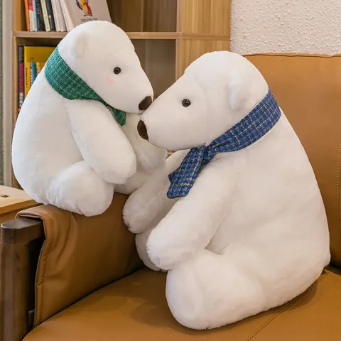 Cute Polar Bear Plush Toy Sitting White Bear With Plaid Scarf Stuffed Animal Doll Birthday Gift Home Decoration