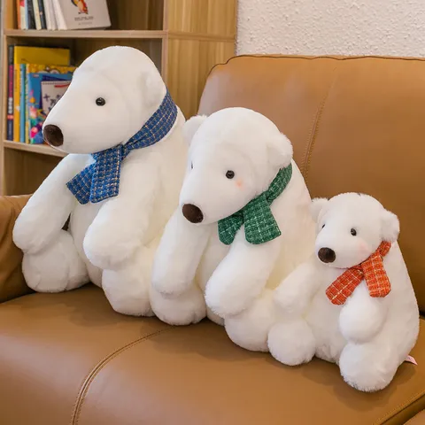 Cute Polar Bear Plush Toy Sitting White Bear With Plaid Scarf Stuffed Animal Doll Birthday Gift Home Decoration