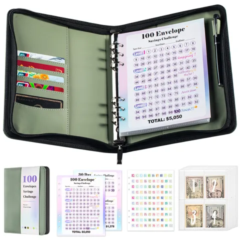 100 Enveloppes Défi D'Épargne Classeur Cuir PU Fermeture Éclair Planificateur Budgétaire Avec Enveloppes Kit Économies Organisateur D'Argent
