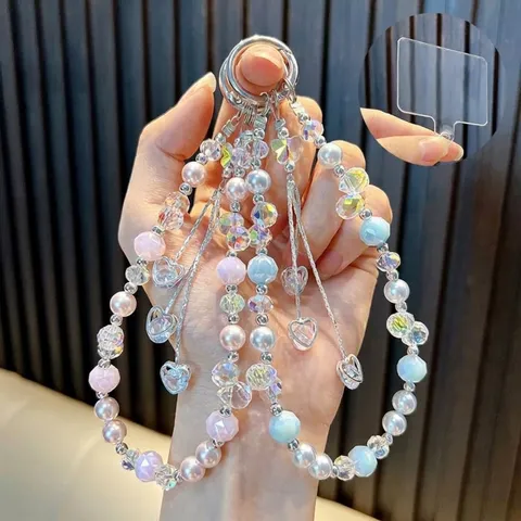 Dulce Cadena de Teléfono con Cuentas de Corazón Lazo de Cristal Perla Artificial Cordón Colgante de Bolso Joyería de Moda Regalo Mujer