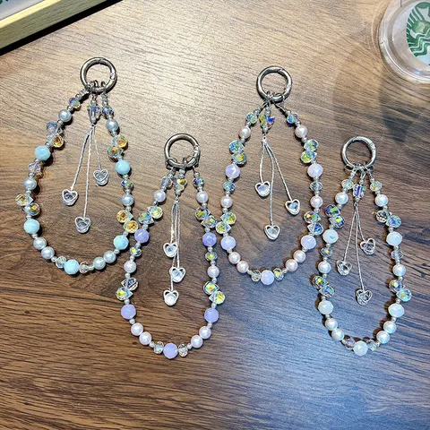 Dulce Cadena de Teléfono con Cuentas de Corazón Lazo de Cristal Perla Artificial Cordón Colgante de Bolso Joyería de Moda Regalo Mujer