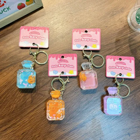 Creative Oil Quicksand Tiger Perfume Bottle Keychain Cute Cartoon Liquid Acrylic Keyring For Women Bag Car Charm Gift