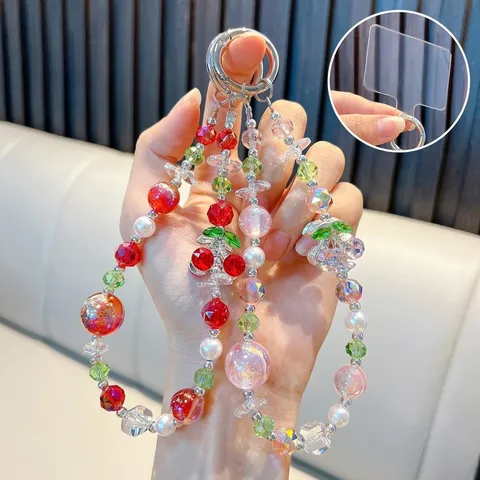 Cute Alloy Cherry Beaded Phone Chain Rhinestone Artificial Pearl Mobile Strap Keychain Bag Pendant For Women Fashion Gift