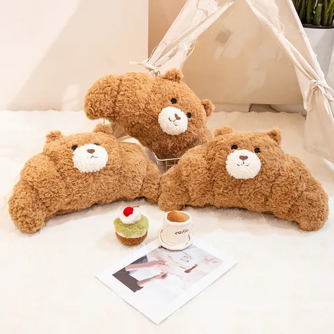 Peluche de Cruasán con Cara de Oso Lindo Marrón Forma de Pan Almohada Calmante Con Mini Pastel y Accesorios de Café Decoración
