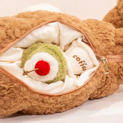 Peluche de Cruasán con Cara de Oso Lindo Marrón Forma de Pan Almohada Calmante Con Mini Pastel y Accesorios de Café Decoración