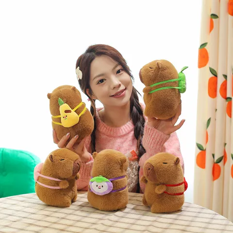Cute Capybara Plush Toy With Small Fruit Food Backpack Soft Stuffed Animal Doll For Kids Girls Room Decor Gift