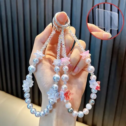 Handmade Beaded Flower Phone Lanyard Wrist Strap Sweet Acrylic Artificial Pearl Mobile Phone Case Charm Keychain For Women