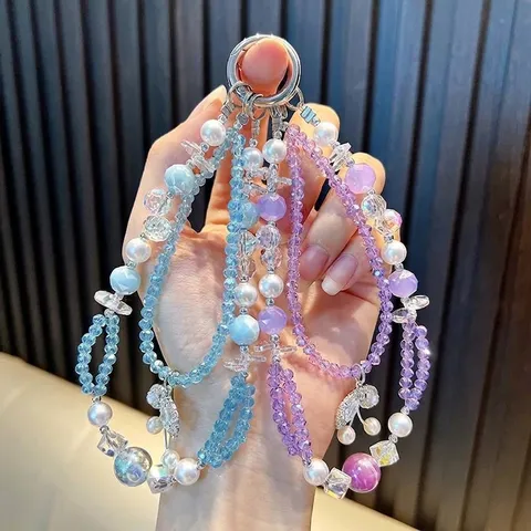 Cordón para Teléfono con Cuentas de Cereza de Cristal Llavero de Acrílico y Perla Artificial para Mujer Colgante de Bolso de Aleación de Strass