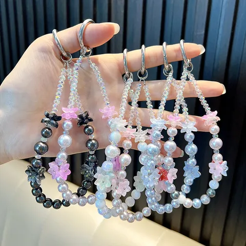 Handmade Beaded Flower Phone Lanyard Wrist Strap Sweet Acrylic Artificial Pearl Mobile Phone Case Charm Keychain For Women