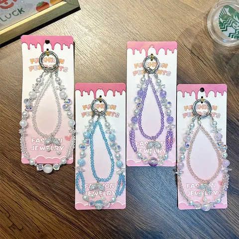 Cordón para Teléfono con Cuentas de Cereza de Cristal Llavero de Acrílico y Perla Artificial para Mujer Colgante de Bolso de Aleación de Strass