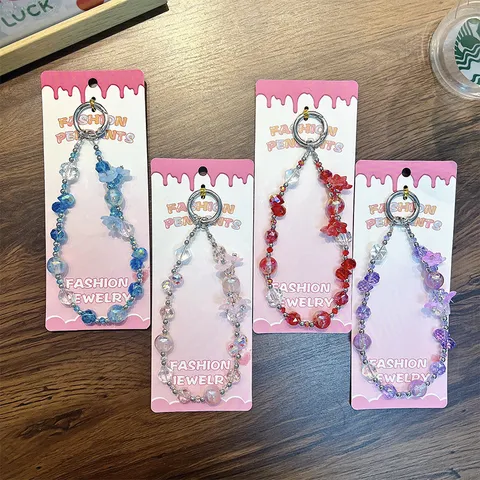 3D Flower Beaded Phone Strap Bag Charm Acrylic Colorful Crystal Beads Artificial Pearl Mobile Phone Lanyard Bag Keychain For Women Gift