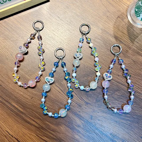 Heart Rhinestone Crystal Beaded Keychain Plastic Artificial Pearl Bag Charm Phone Lanyard For Women Girls Gift