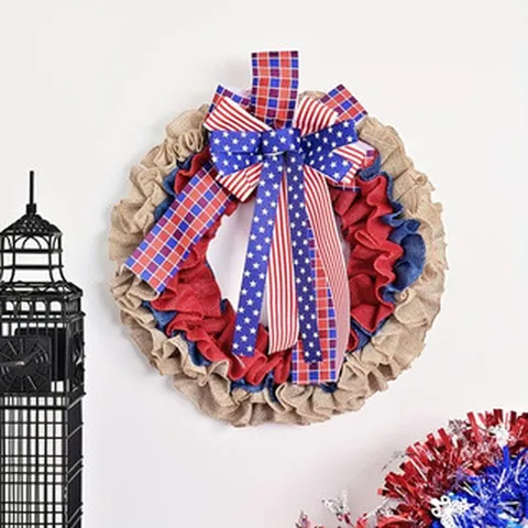 Independence Day Patriotic Wreath American Flag Red White Blue Wreath Burlap Fabric Stars Stripes USA Wreath For Front Door Wall Garden Decoration
