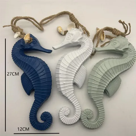 Large Wooden Seahorse Hanging Ornament Mediterranean Style Marine Wall Art Decor Seahorse Craft Navy White Light Blue Room Decor