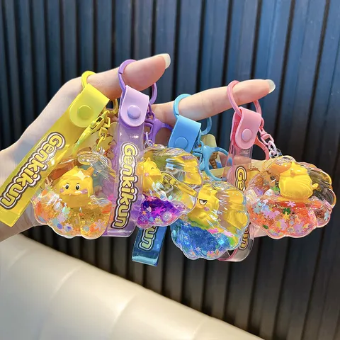 Cartoon Little Yellow Duck Shell Shape Acrylic Keychain Oil Filled Quicksand Bag Pendant Decorative Accessory For Women Gift