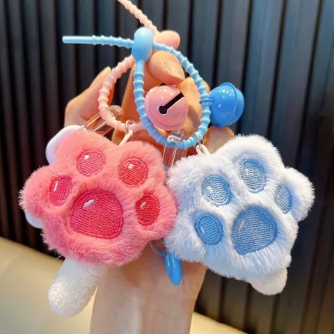 Cute Plush Cat Paw Keychain Soft Paw Pad Key Ring Acrylic Bead Chain Bag Pendant Charm Small Decorative Gift For Women