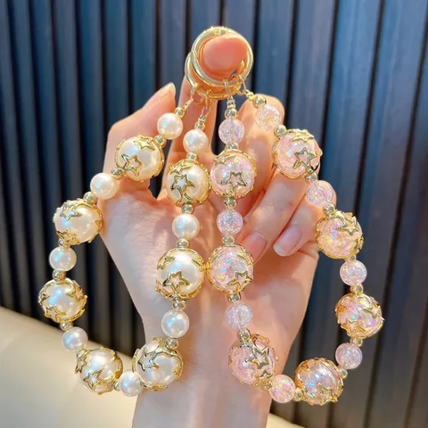 Acrylic Ice Crack Beaded Phone Chain With Metal Star Spacers Cute Starry Flower Holder Keychain Pendant Bag Charm For Women