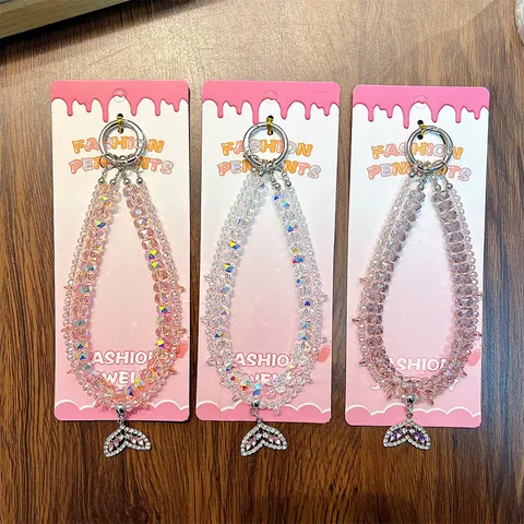 Acryl Kristall Optik Doppellagige Perlen Handykette Mit Strass Fischschwanz Anhänger Süß Anti Verlust Handgelenk Lanyard Für Damen Schmuck