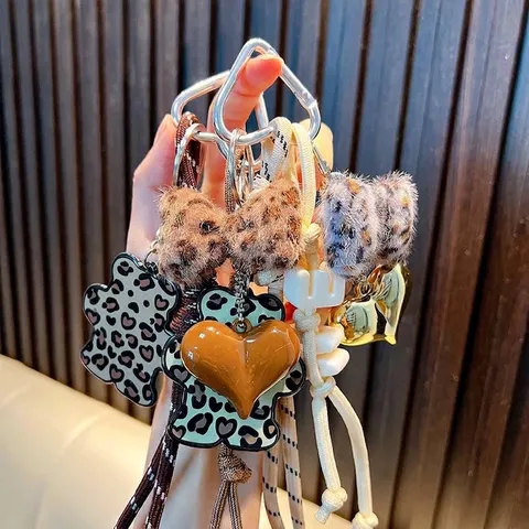 Leopard Print Bear Keychain Maillard Style Plush Bowknot Heart Bag Pendant Acrylic Braided Rope Key Ring For Women Girls