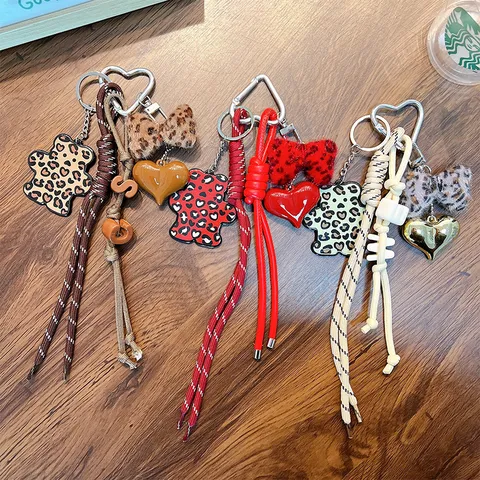Leopard Print Bear Keychain Maillard Style Plush Bowknot Heart Bag Pendant Acrylic Braided Rope Key Ring For Women Girls