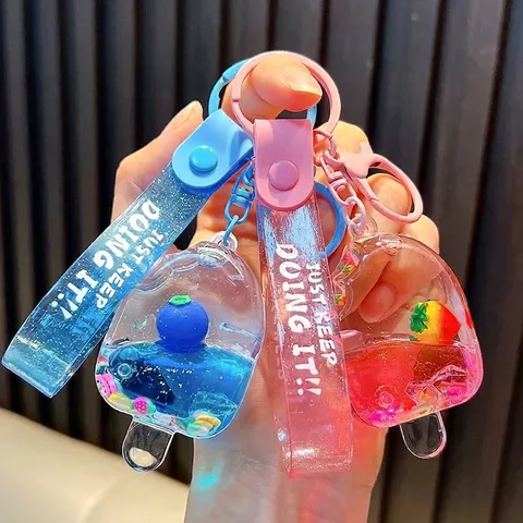 Liquid Quicksand Fruit Popsicle Keychain Acrylic Oil Filled Ice Cream Bottle Bag Pendant For Students Car Key Ring Gift