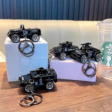 Mini Pullback Police Car Model Keychain For Backpack Car Keys Black SWAT Armored Vehicle Toy Keychain Gift For Kids Students