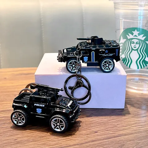 Mini Pullback Police Car Model Keychain For Backpack Car Keys Black SWAT Armored Vehicle Toy Keychain Gift For Kids Students