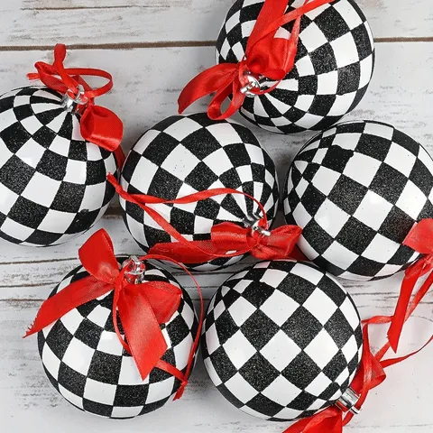 Adornos de Bolas de Navidad a Cuadros Buffalo Con Lazos de Cinta Roja Brillo Blanco Negro Bolas Decorativas Colgantes para Árbol de Navidad