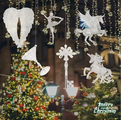 Transparent Acrylic Christmas Ornaments Set Ice Crystal Hanging Pendant For Christmas Tree Angel Wings Pegasus Decor