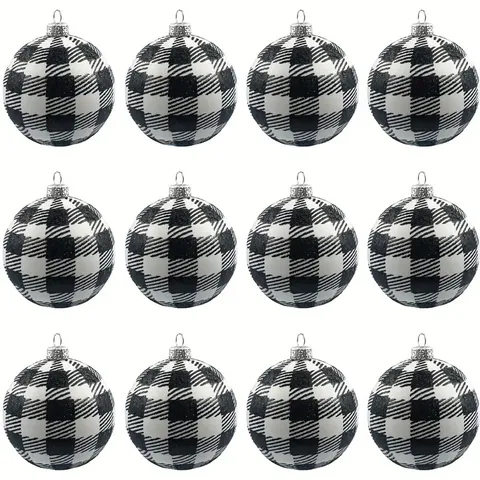 Adornos de Bolas de Navidad a Cuadros Buffalo Con Lazos de Cinta Roja Brillo Blanco Negro Bolas Decorativas Colgantes para Árbol de Navidad