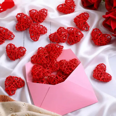 Rote Herzförmige Rattan Gewebte Hängeornamente Valentinstag Hochzeit Party Deko Handgefertigtes Flechtherz Bastelbedarf