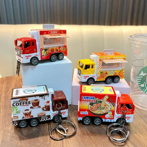 Rückzug Food Truck Schlüsselanhänger Legierung Miniatur Speisekammer Modell Schlüsselring Ramen Kaffee Milch Tee Auto Anhänger Geschenk Kinder