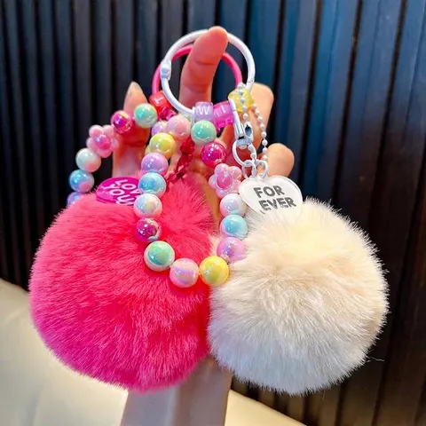 Cute Beaded Plush Pom Pom Keychain For Women Colorful Faux Fur Bag Pendant With Alphabet Beads Heart Tag Sweet Backpack Accessory