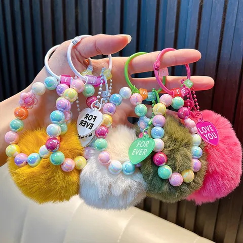 Cute Beaded Plush Pom Pom Keychain For Women Colorful Faux Fur Bag Pendant With Alphabet Beads Heart Tag Sweet Backpack Accessory