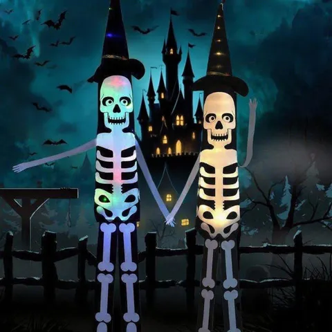 Halloween Glowing Skeleton Ghost Windsock Light LED Hanging Decoration Outdoor Yard Party Decor Wizard Hat Ghost Skeleton Ornament