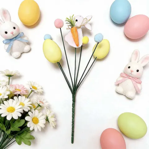 Easter Decoration Picks With Plush Bunny Foam Easter Eggs Colorful Pom Poms Artificial Floral Picks For Flower Arrangement Festive Party Decor