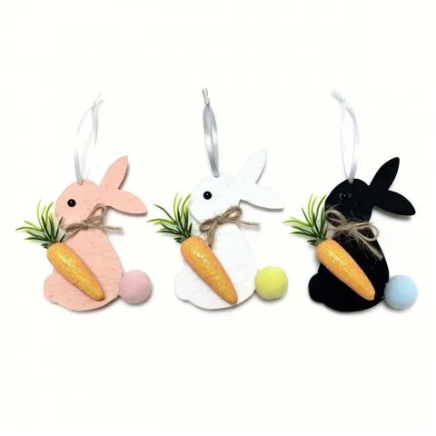 Easter Felt Rabbit Hanging Ornaments With Glitter Carrot Twine Bow Pom Pom Tail Cute Handmade Bunny Pendants For Home Party Seasonal Decoration