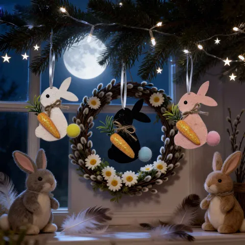 Easter Felt Rabbit Hanging Ornaments With Glitter Carrot Twine Bow Pom Pom Tail Cute Handmade Bunny Pendants For Home Party Seasonal Decoration