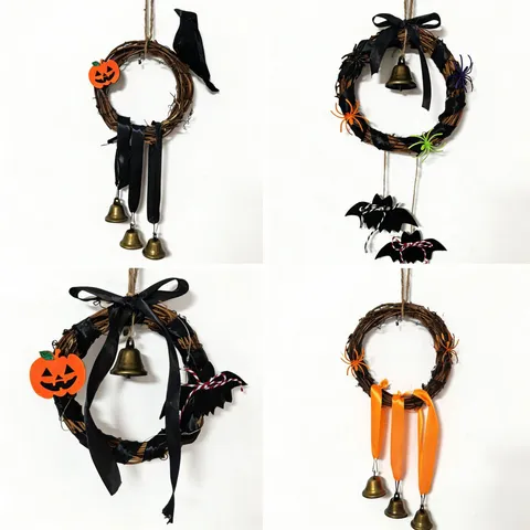 Halloween Vine Wreath With Raven Bell Door Hanging Party Atmosphere Decor Handmade Spooky Pumpkin Bat Ornament For Home Wall