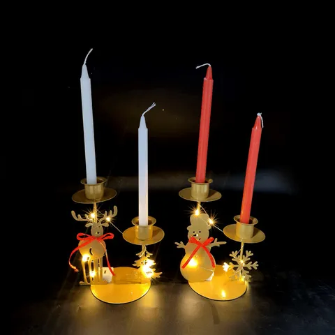 Retro Iron Christmas Candle Holder Gold Reindeer Snowman Candle Stand With LED Fairy Light For Holiday Party Home Table Decor