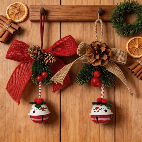 Christmas Tree Hanging Ornament Velvet Linen Bow Bell With Natural Pine Cone Berry Rustic Scandinavian Holiday Decoration