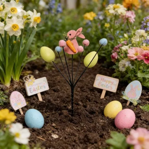 Easter Decoration Picks With Plush Bunny Foam Easter Eggs Colorful Pom Poms Artificial Floral Picks For Flower Arrangement Festive Party Decor